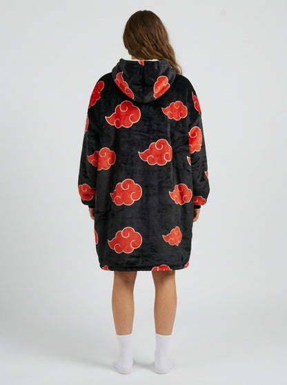 Red cloud black blanket hoodie with oversized hood worn on model, back view of the cloud pattern