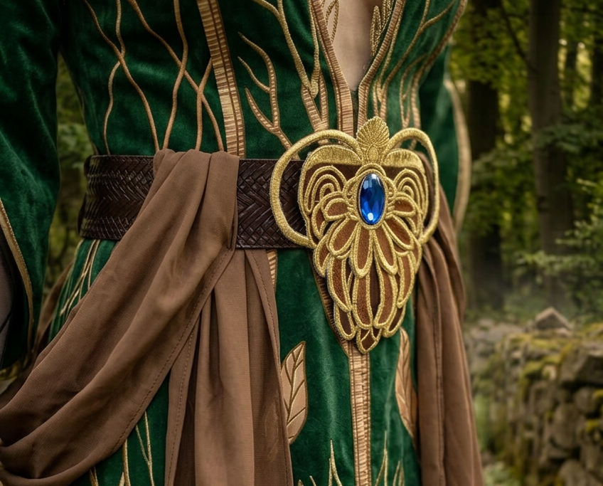 Triss Merigold cosplay close up of brown waist belt with gold medallion brooch featuring blue gemstone center
