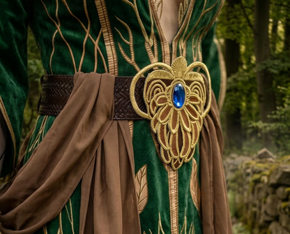 Triss Merigold cosplay close up of brown waist belt with gold medallion brooch featuring blue gemstone center