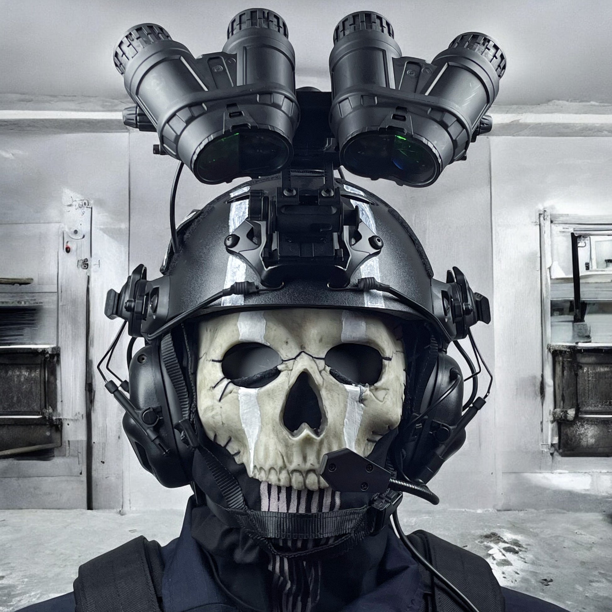 Close-up of Ghost Riley cosplay helmet showing NVG mount detail and rail system texture
