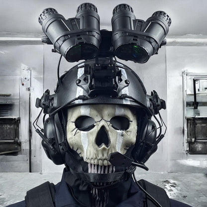 Close-up of Ghost Riley cosplay helmet showing NVG mount detail and rail system texture