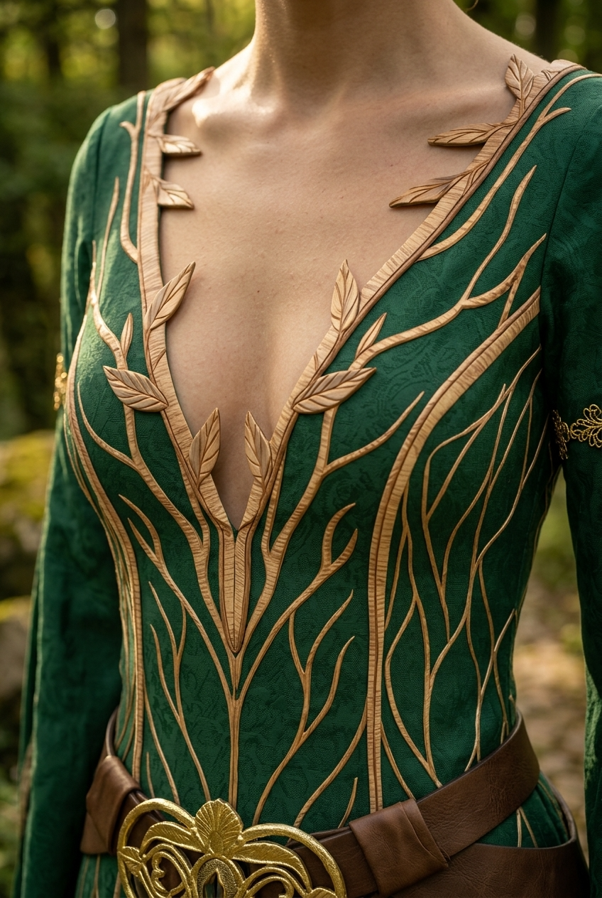 Triss Merigold cosplay close up of deep V neckline showing gold and copper branch leaf embroidery detail on emerald green fabric