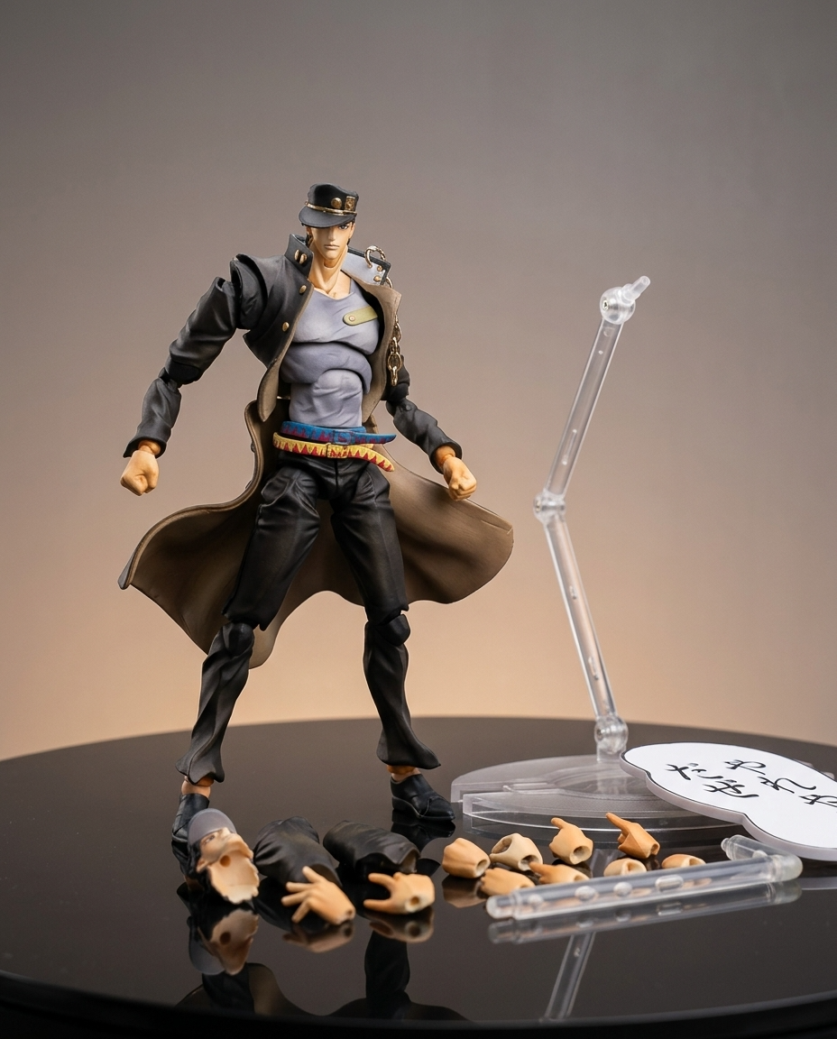 JoJo Jotaro Kujo statue shown with its display base and small accessories arranged on the surface, three-quarter collectible view