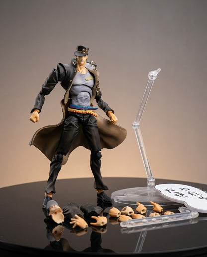 JoJo Jotaro Kujo statue shown with its display base and small accessories arranged on the surface, three-quarter collectible view