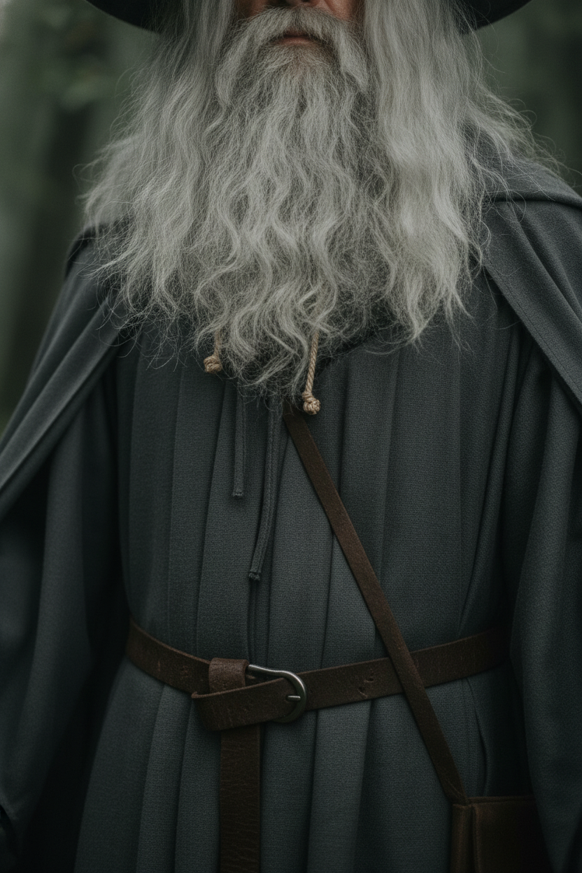 Gandalf cosplay close up of gray cloak back panel showing lace up rope detail and fabric drape in forest setting
