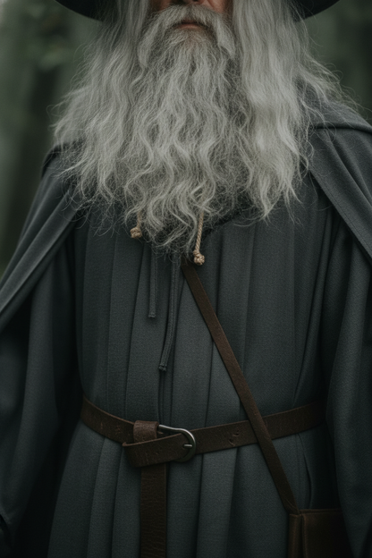 Gandalf cosplay close up of gray cloak back panel showing lace up rope detail and fabric drape in forest setting