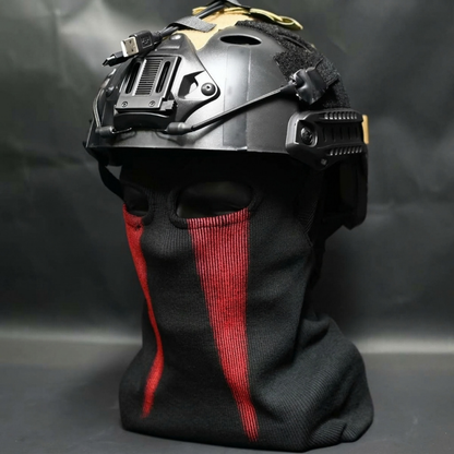 Konig cosplay helmet with black balaclava face mask featuring red stripe accents, front view on mannequin