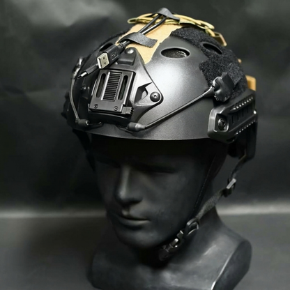 Konig cosplay tactical helmet in black with gold accents on mannequin head, front three quarter view