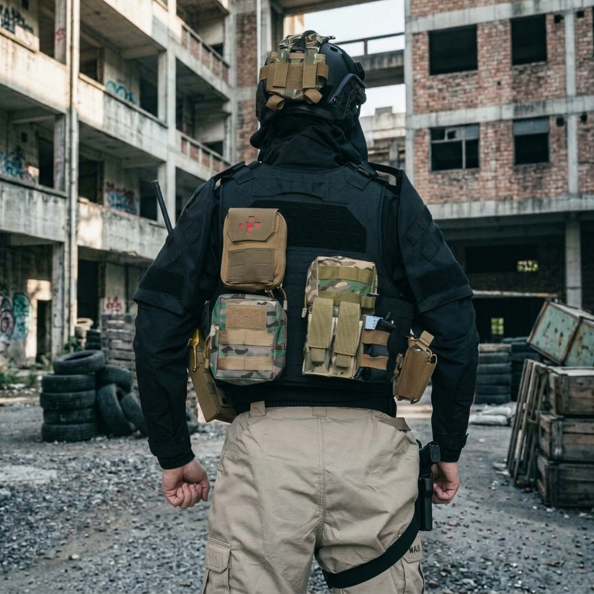 Konig cosplay costume back view with helmet, black jacket and tan tactical vest carrying pouches