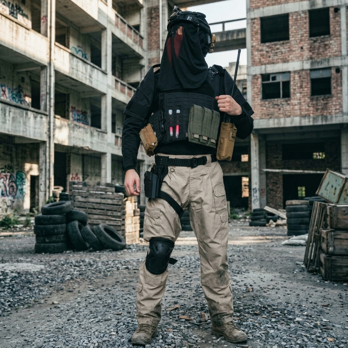 Full body Konig tactical cosplay outfit with helmet, face cover, vest and cargo pants, standing front view