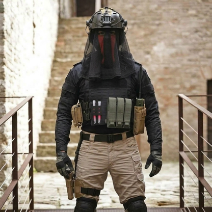 Konig cosplay set worn outdoors with red visor face cover, tactical helmet, vest and gloves on stone steps