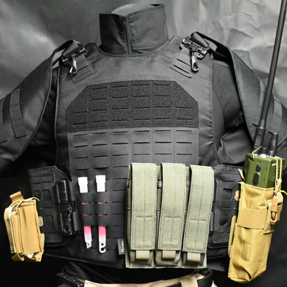 Black MOLLE tactical vest for Konig cosplay with olive magazine pouches and radio holster, front close up