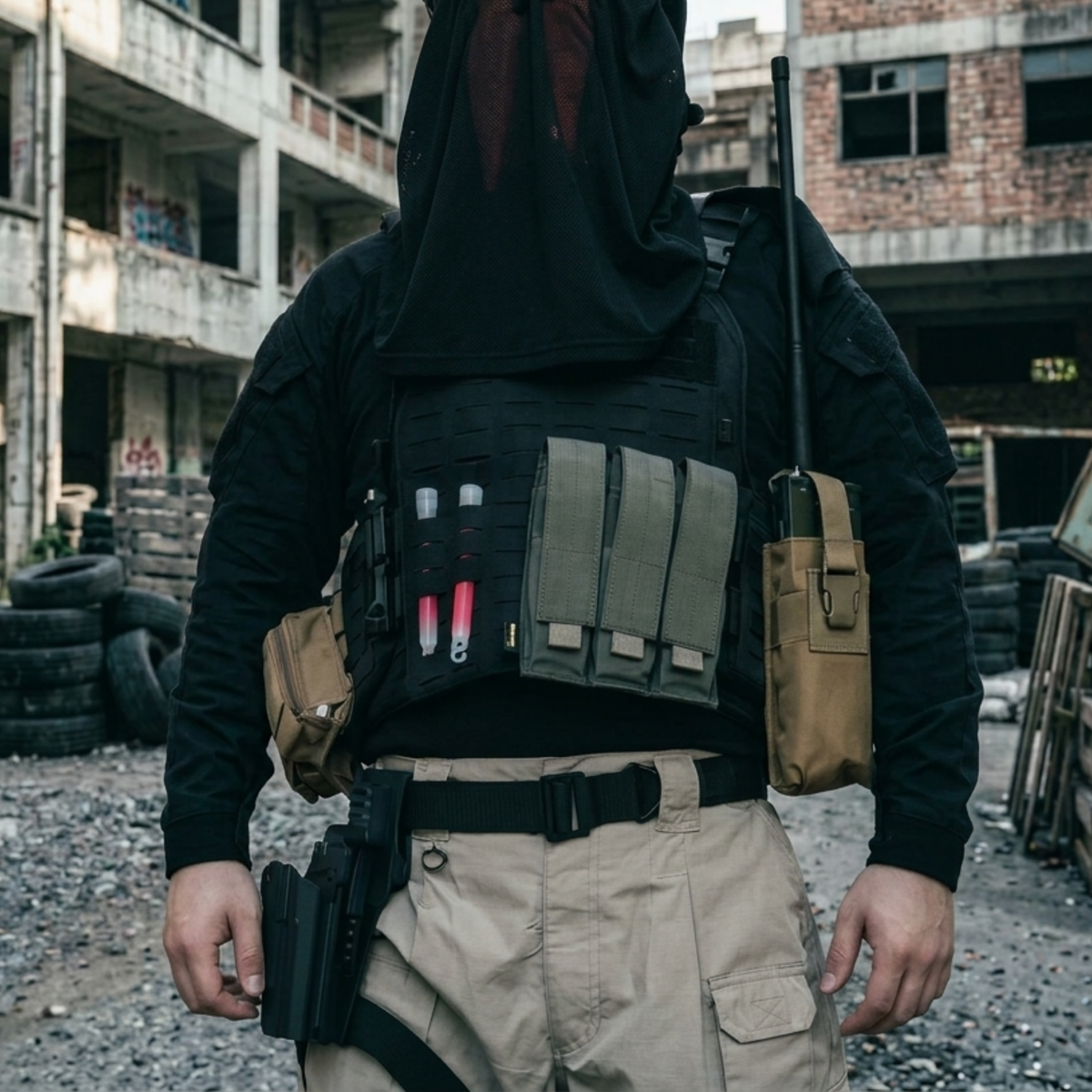 Konig cosplay tactical vest with magazine pouches and radio holder worn over black hooded top, front view