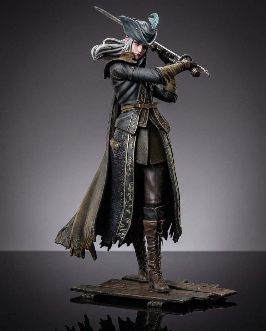 Bloodborne Lady Maria collectible statue with hand-painted detail, mounted on a display base on a dark gray studio background 29cm tall collectible figurine for gamers