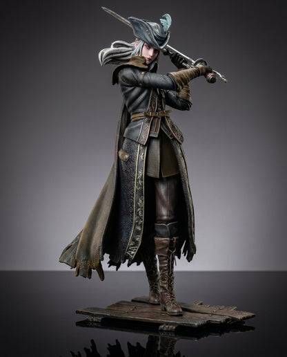 Bloodborne Lady Maria collectible statue with hand-painted detail, mounted on a display base on a dark gray studio background 29cm tall collectible figurine for gamers