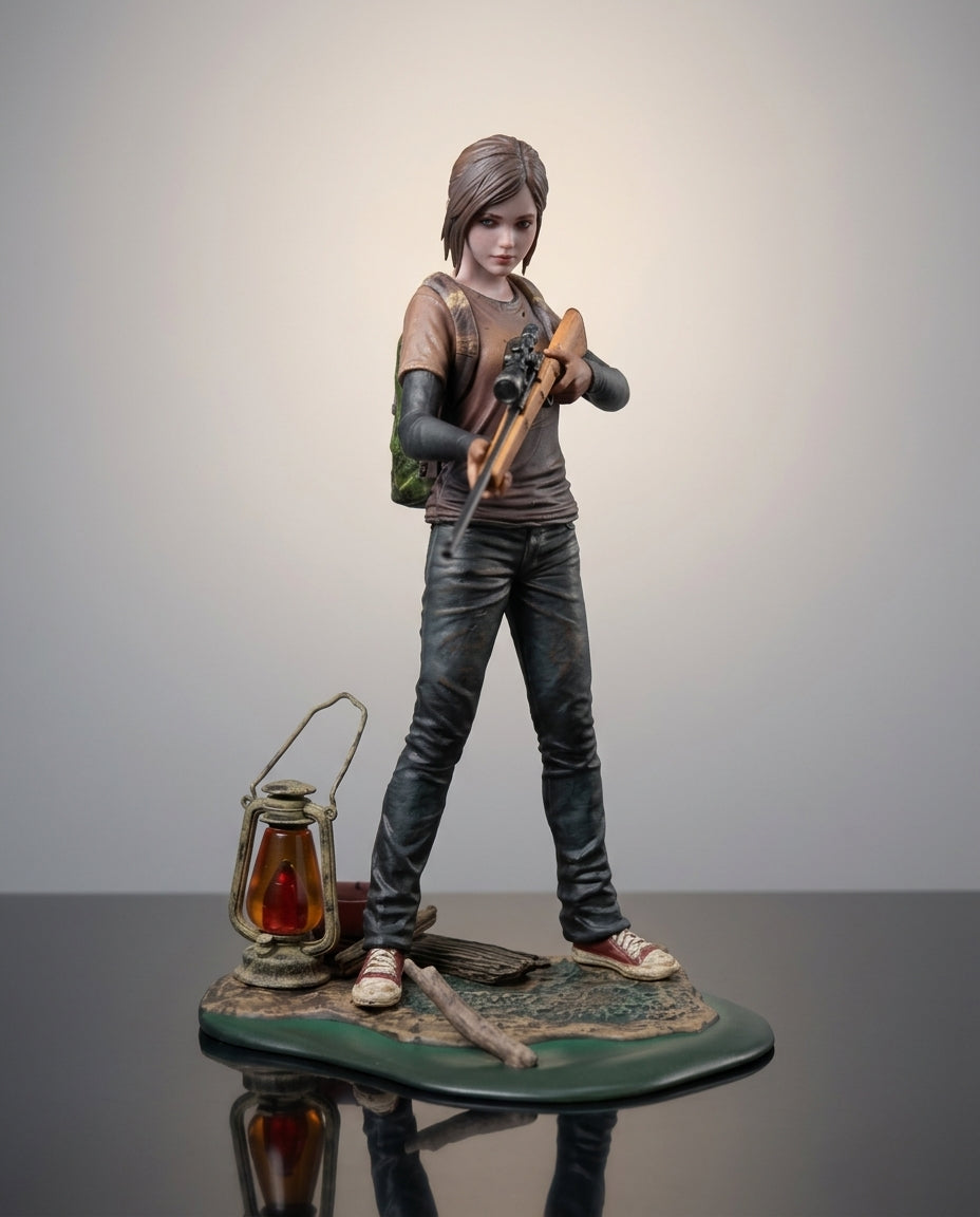 The Last of Us Ellie figure with hunting rifle and lantern at the base, front view of the 19cm statue