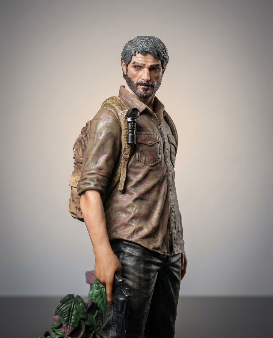 Close-up of the The Last of Us Joel figure's upper body and jacket, detail shot of the sculpt and paintwork