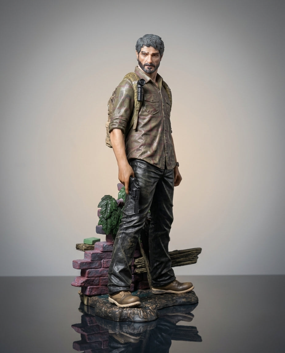 The Last of Us Joel figure front three-quarter angle, 19cm collectible statue showing the weathered outfit and base