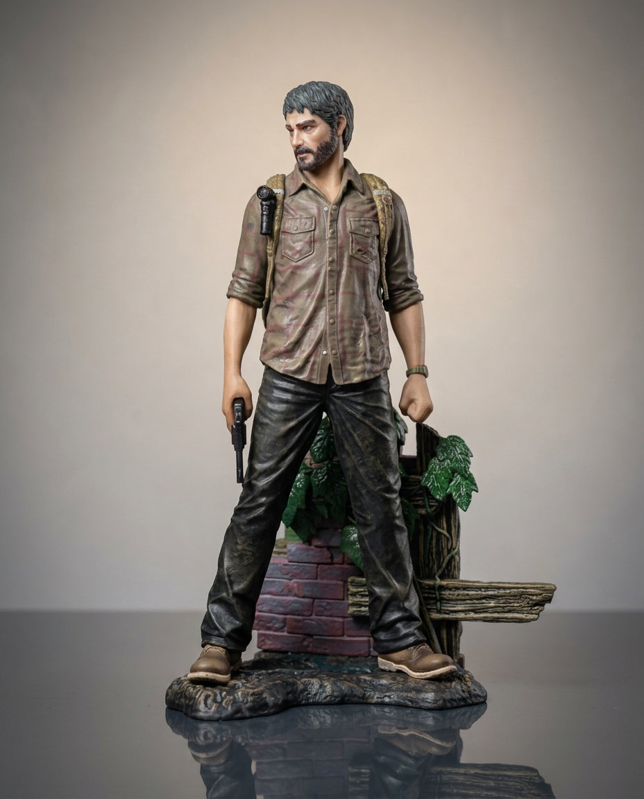 The Last of Us Joel figure in his worn jacket, full front view of the 19cm collectible statue on its scenic base