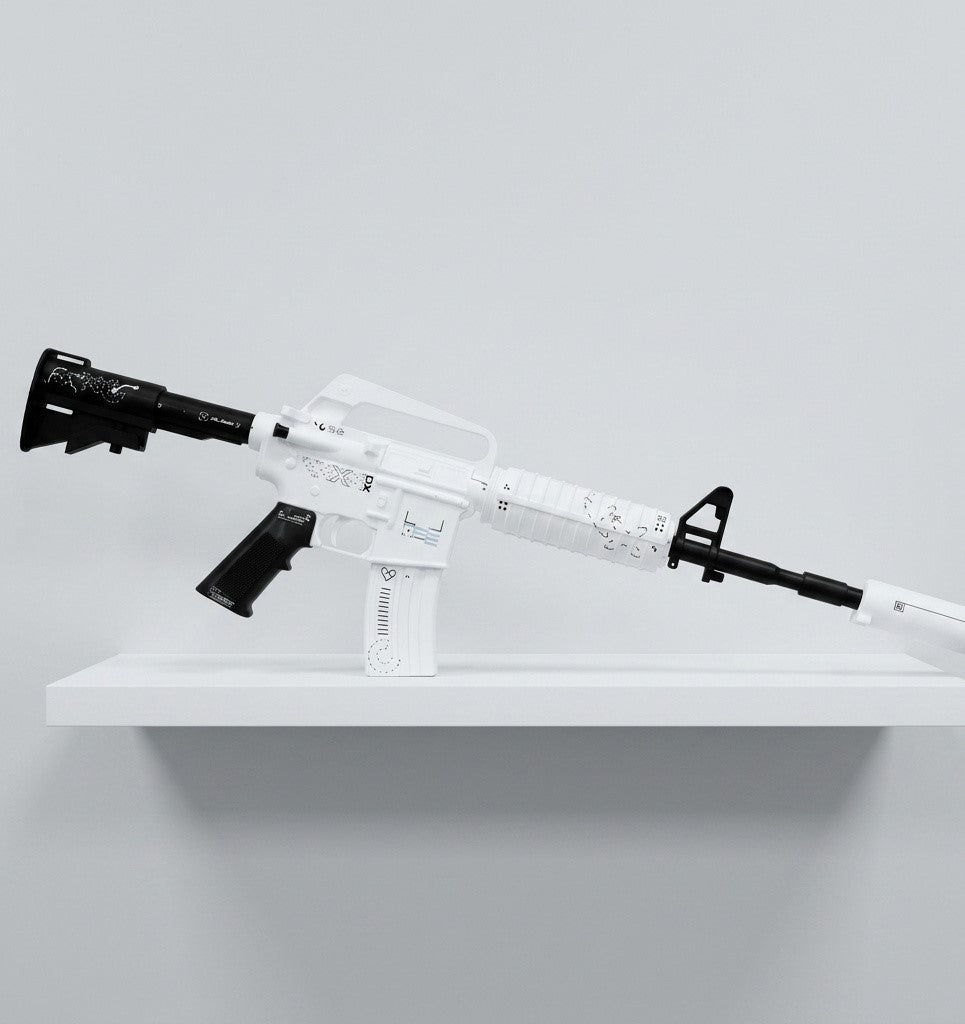 Life size 95cm M4A1-S Printstream CS2 replica — white and black geometric skin detail, displayed on shelf, full length side view