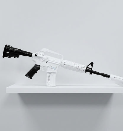 Life size 95cm M4A1-S Printstream CS2 replica — white and black geometric skin detail, displayed on shelf, full length side view