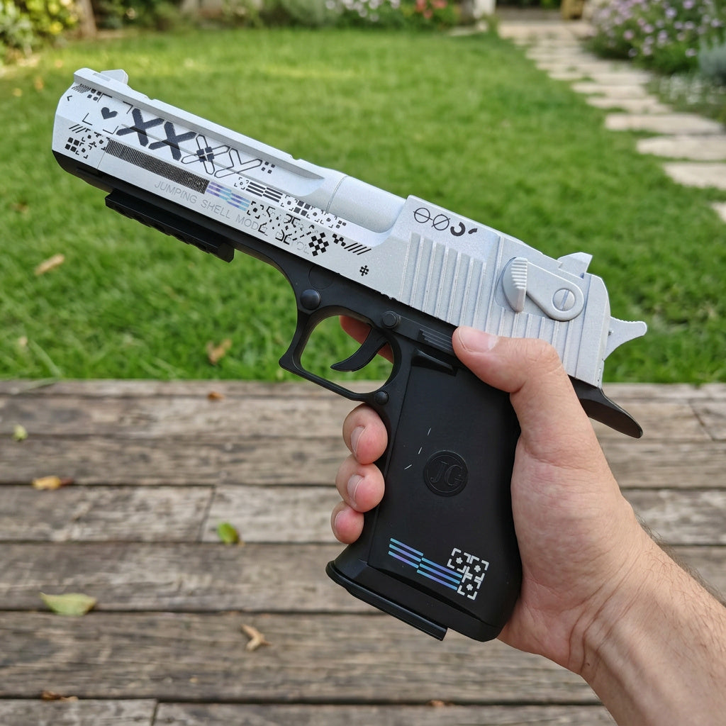 Hand holding Desert Eagle Printstream CS2 replica — white body with black XX heart geometric pattern detail, side profile view, wooden deck and grass background, natural daylight