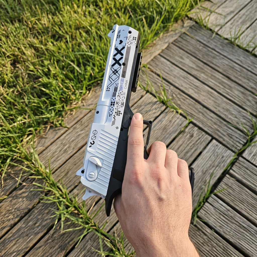 Hand gripping CS2 Desert Eagle Printstream real life replica from above — top down POV view showing white slide with black XX pattern detail, grass and wooden deck outdoor setting