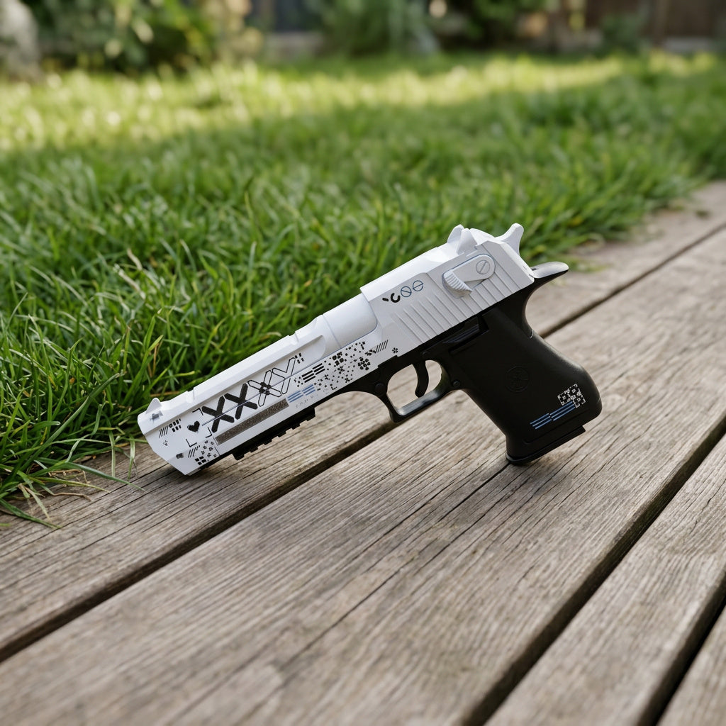 Desert Eagle Printstream real life size replica laying on wooden deck — CS2 Deagle Printstream prop collectible, white and black skin, outdoor natural setting