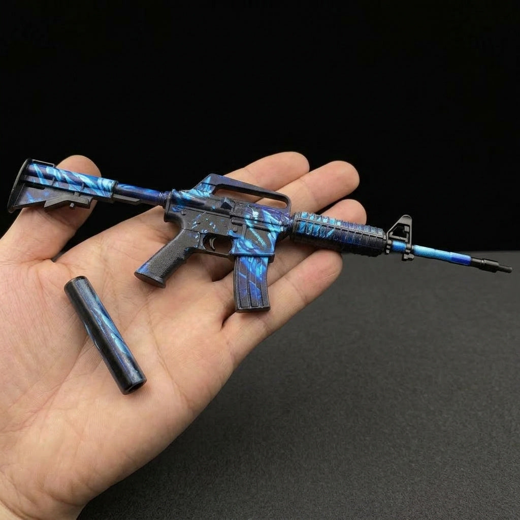 Mini CS2 M4A1-S Nightmare replica held in hand — 1:6 scale zinc alloy metal collectible, dark studio background, size reference shot