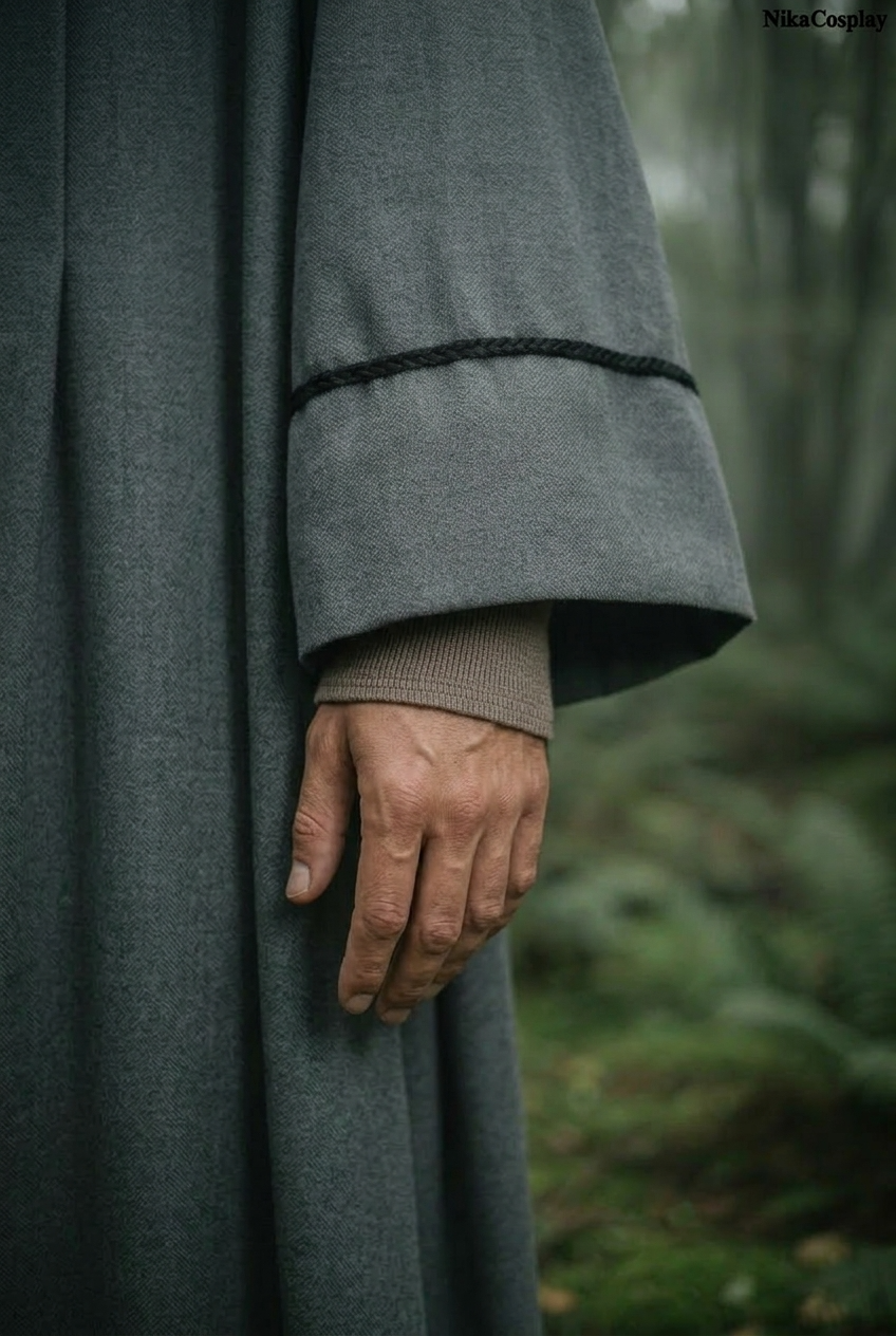Gandalf cosplay close up of sleeve and arm warmer detail showing cotton fabric texture against forest background