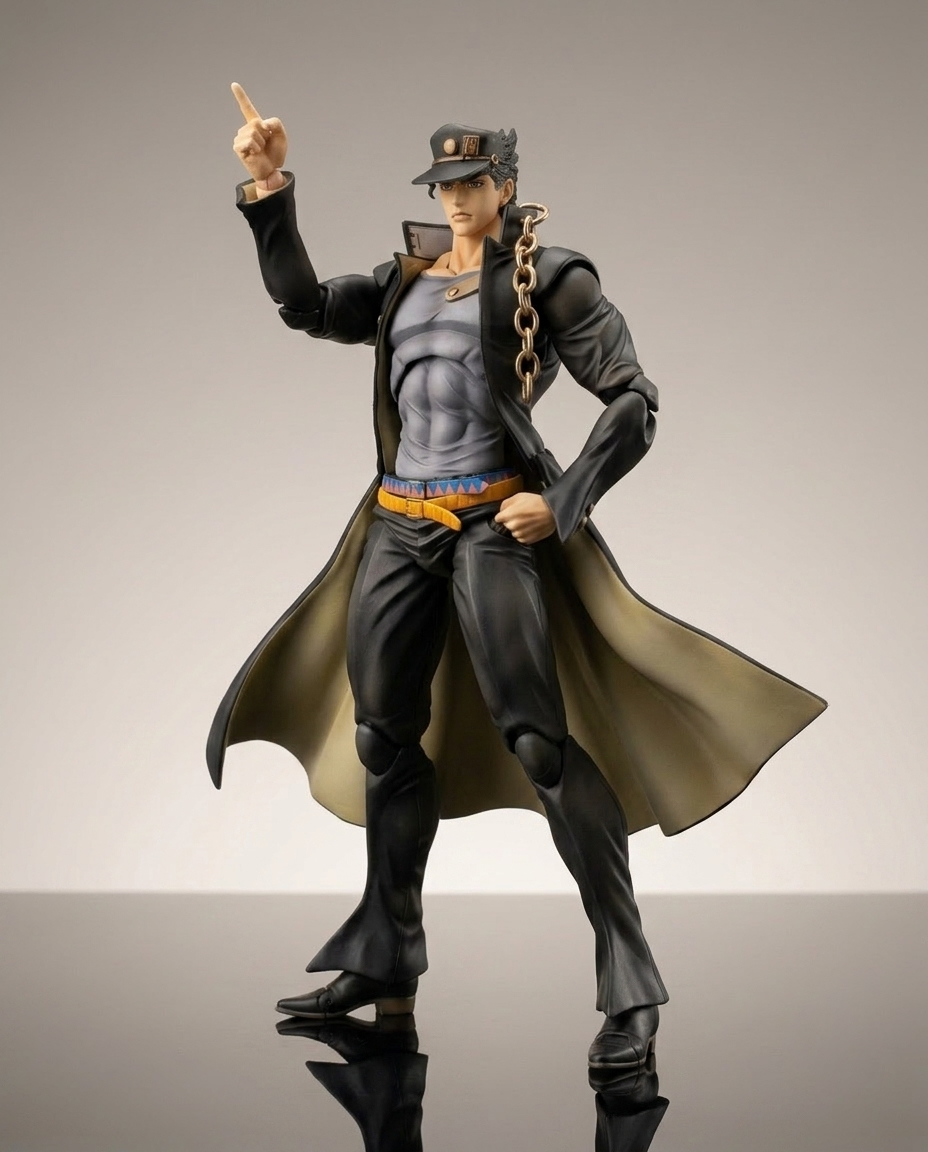 JoJo Bizarre Adventure Jotaro collectible statue, front pose with one arm raised, coat and cap detailing shown in full body view