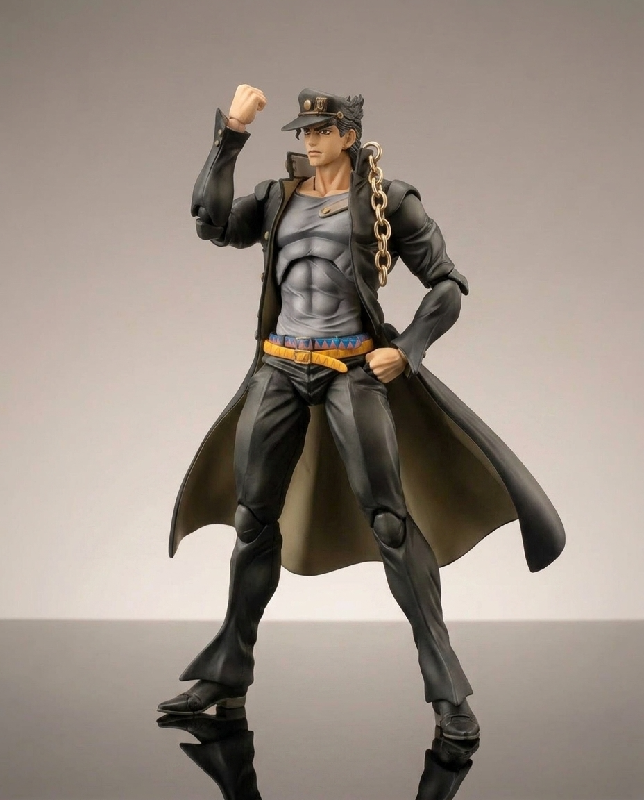 Jotaro Kujo JoJo's Bizarre Adventure figure in a dynamic pose, side angle showing the flowing coat and detailed sculpt work