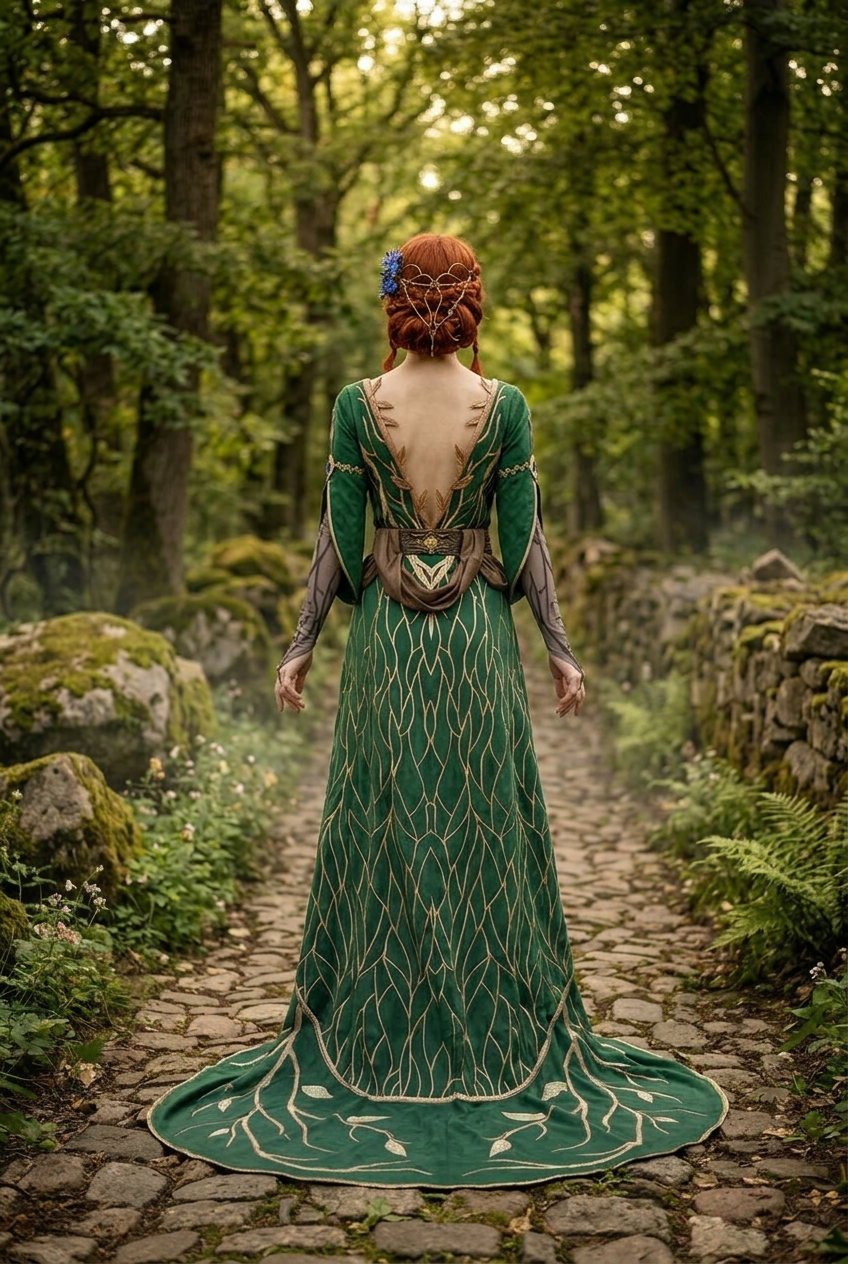 Triss Merigold cosplay back view showing deep V back neckline gold embroidery and navy blue floral hair clip