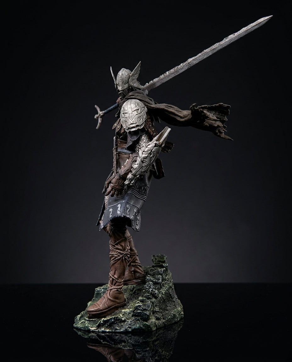 Side angle view of the Wylder collectible figurine captured mid-combat pose, highlighting the dynamic weapon stance and intricate armor plating sculpted along the shoulders and torso