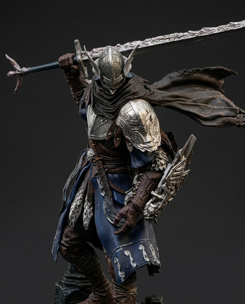 Close-up detail shot of the Wylder figurine's armor plating, showing fine sculpted texture, weathering effects, and hand-painted metallic finish on the shoulder guards