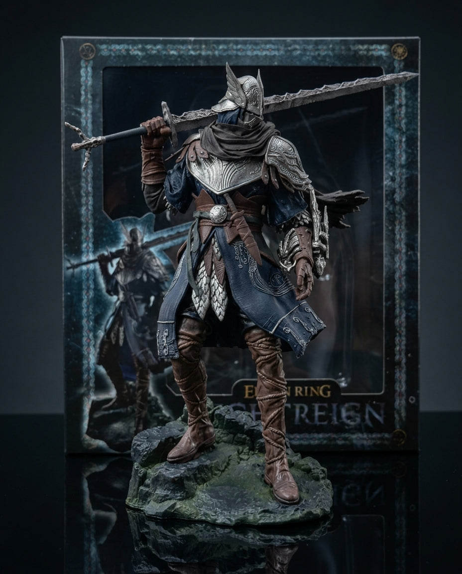 Wylder Elden Ring Nightreign statue shown in its retail packaging box, featuring official cover artwork and branding alongside the figure inside for collectors