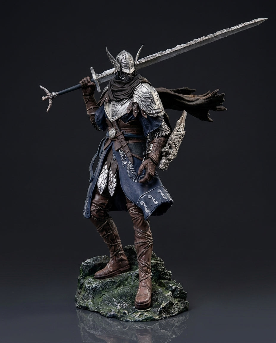 Wylder from Elden Ring Nightreign standing figurine mid-swing with a massive greatsword, showcasing detailed weathered plate armor and flowing tattered cloth against a dark studio backdrop