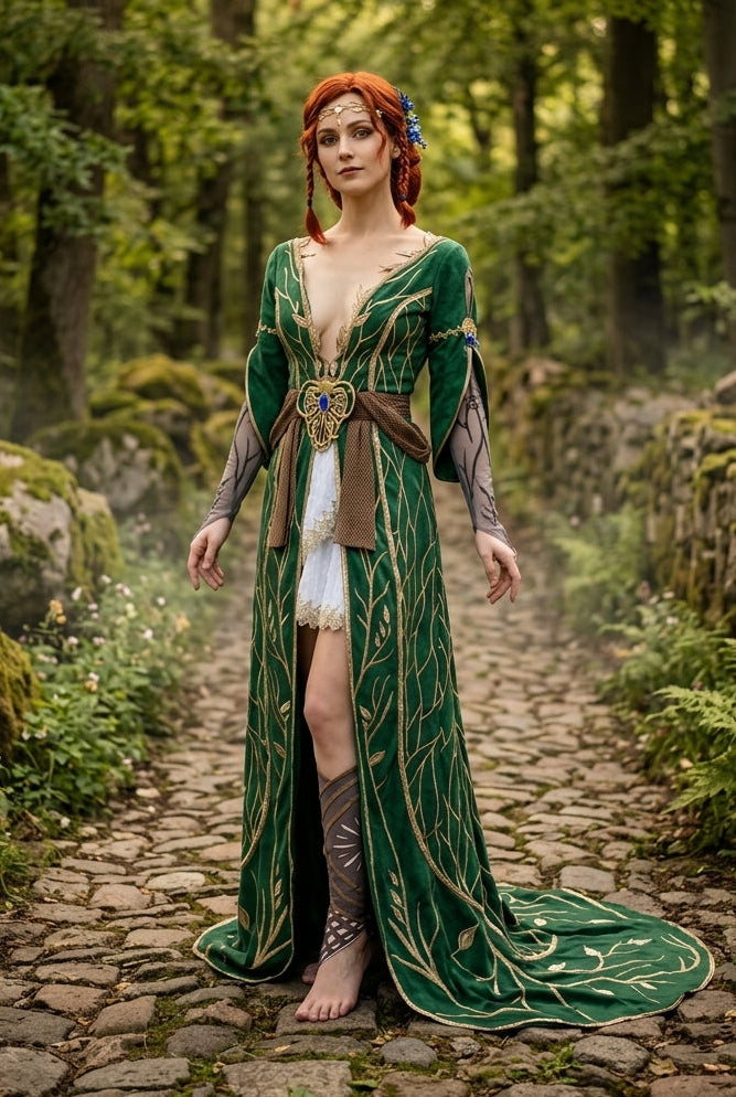 Triss Merigold Witcher cosplay full body front view woman wearing green embroidered dress with gold leaf detailing on cobblestone forest path
