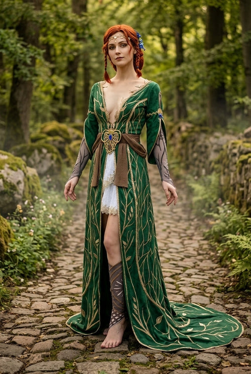 Triss Merigold Witcher cosplay full body front view woman wearing green embroidered dress with gold leaf detailing on cobblestone forest path