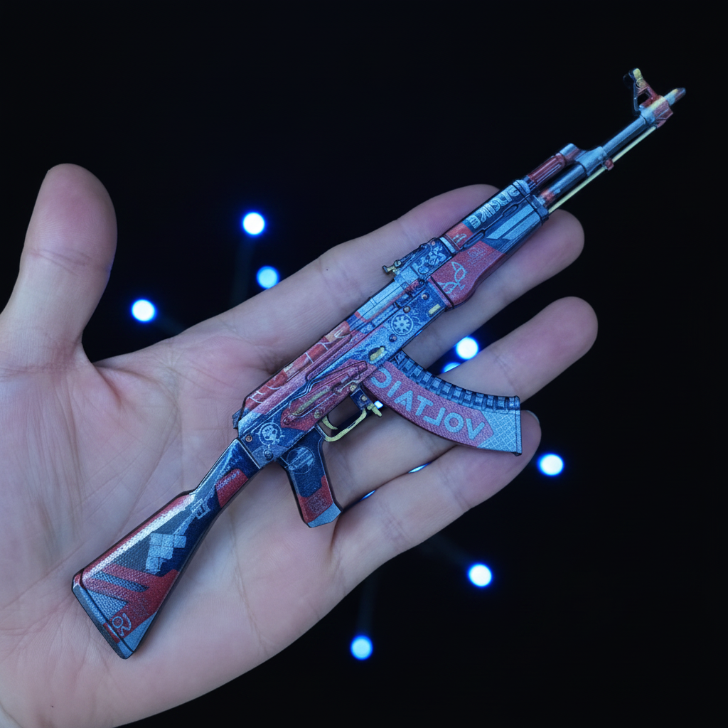Open palm holding CS2 AK47 Bloodsport mini replica, striking red black and blue geometric skin with bold splatter design close-up