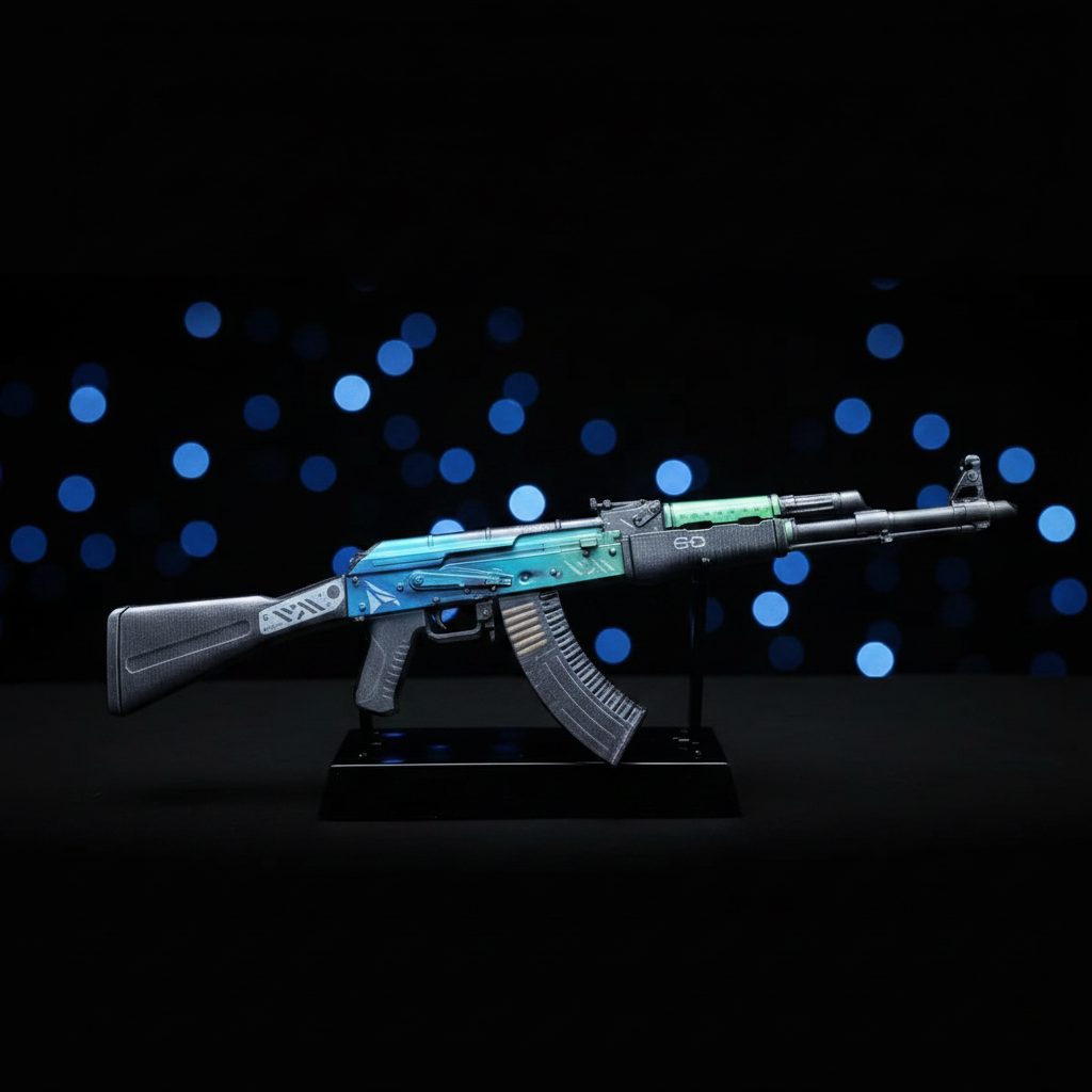 CS2 AK47 Ice Colaled mini replica on display stand, bright icy blue and teal colorway against dark blue bokeh studio lighting