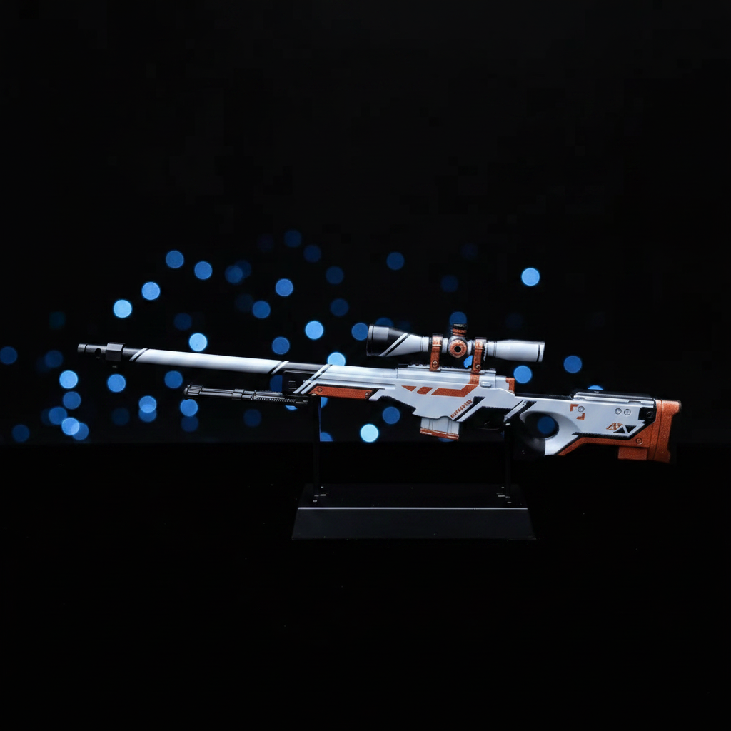 Mini AWP Asiimov replica CS2 inspired collectible figurine, dark background, full detail view