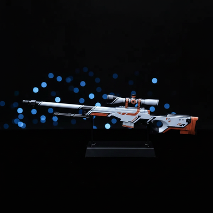 Mini AWP Asiimov replica CS2 inspired collectible figurine, dark background, full detail view