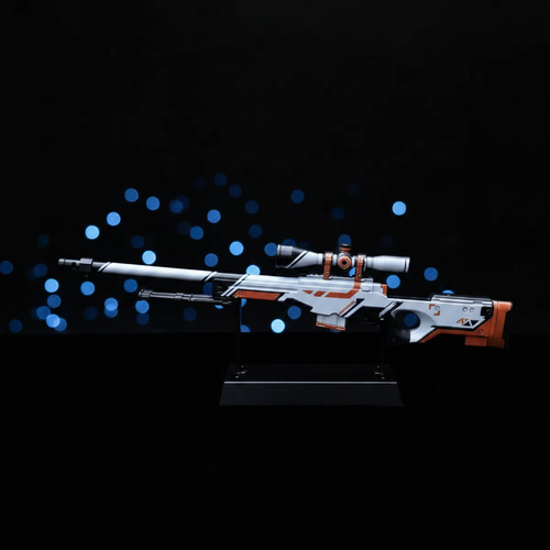 Mini AWP Asiimov replica CS2 inspired collectible figurine, dark background, full detail view