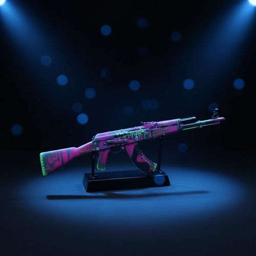 CS2 AK47 Neon Revolution mini replica on display stand, vibrant purple and pink geometric pattern under blue studio lighting