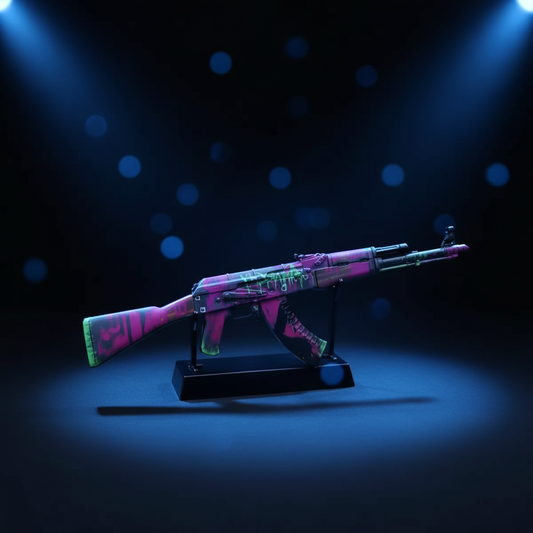 CS2 AK47 Neon Revolution mini replica on display stand, vibrant purple and pink geometric pattern under blue studio lighting