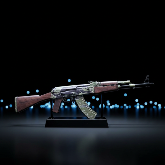 CS2 AK47 Jaguar mini replica on display stand, dark body with green camo and orange print pattern under blue studio lighting