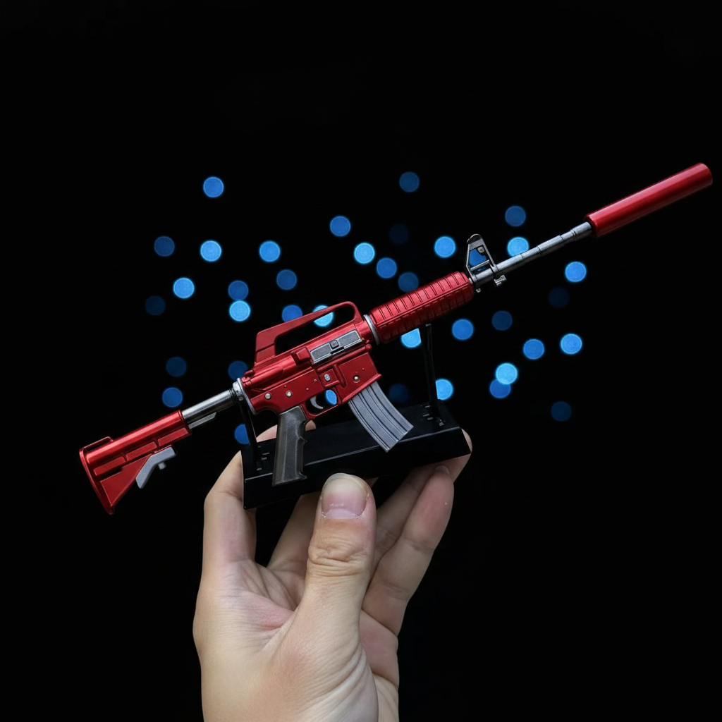 Mini CS2 M4A1-S Hot Rod replica held in hand — 1:6 scale zinc alloy collectible, dark studio lighting, size reference photo