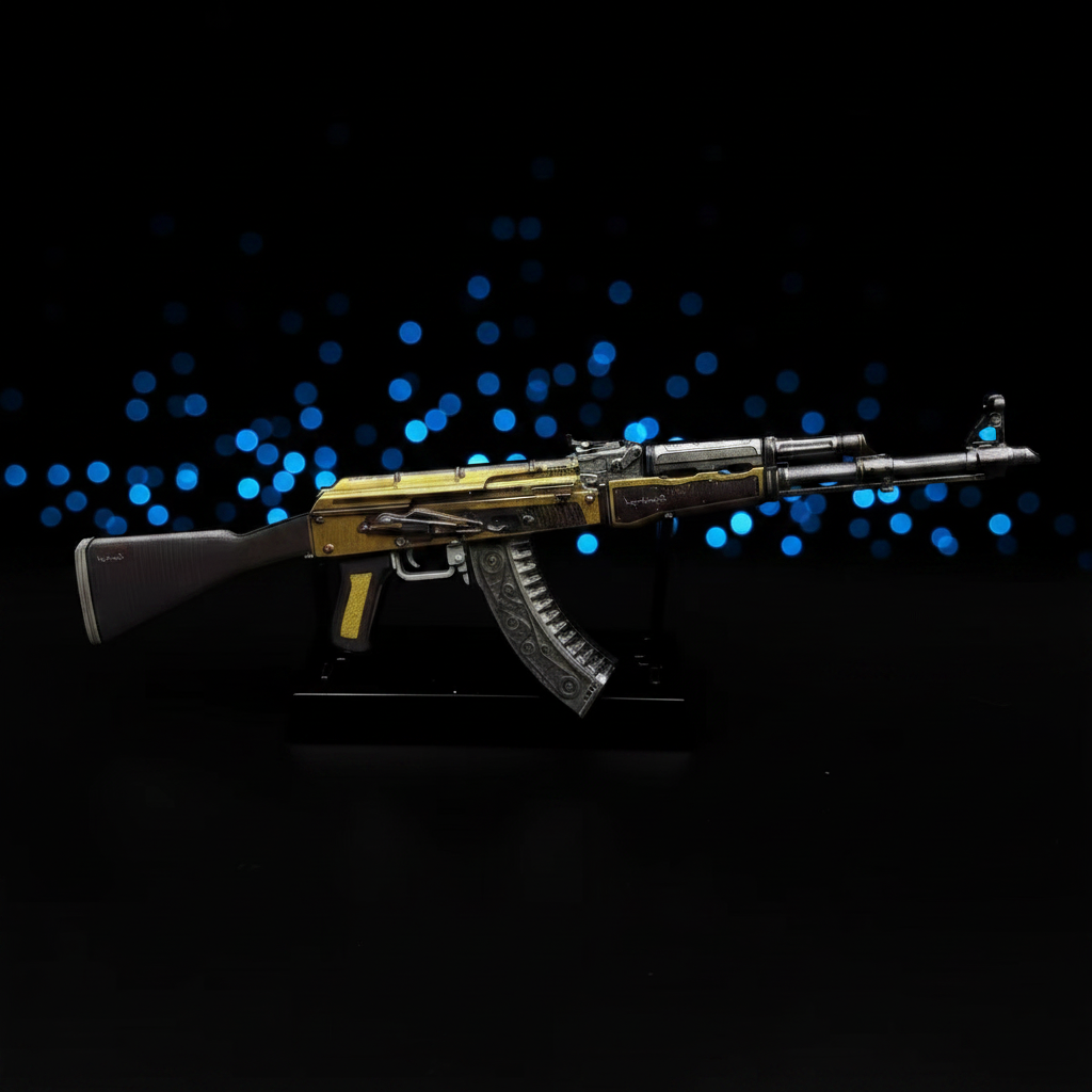 CS2 AK47 Fuel Injector mini replica on display stand, rich gold and yellow mechanical-patterned skin under blue bokeh studio lighting