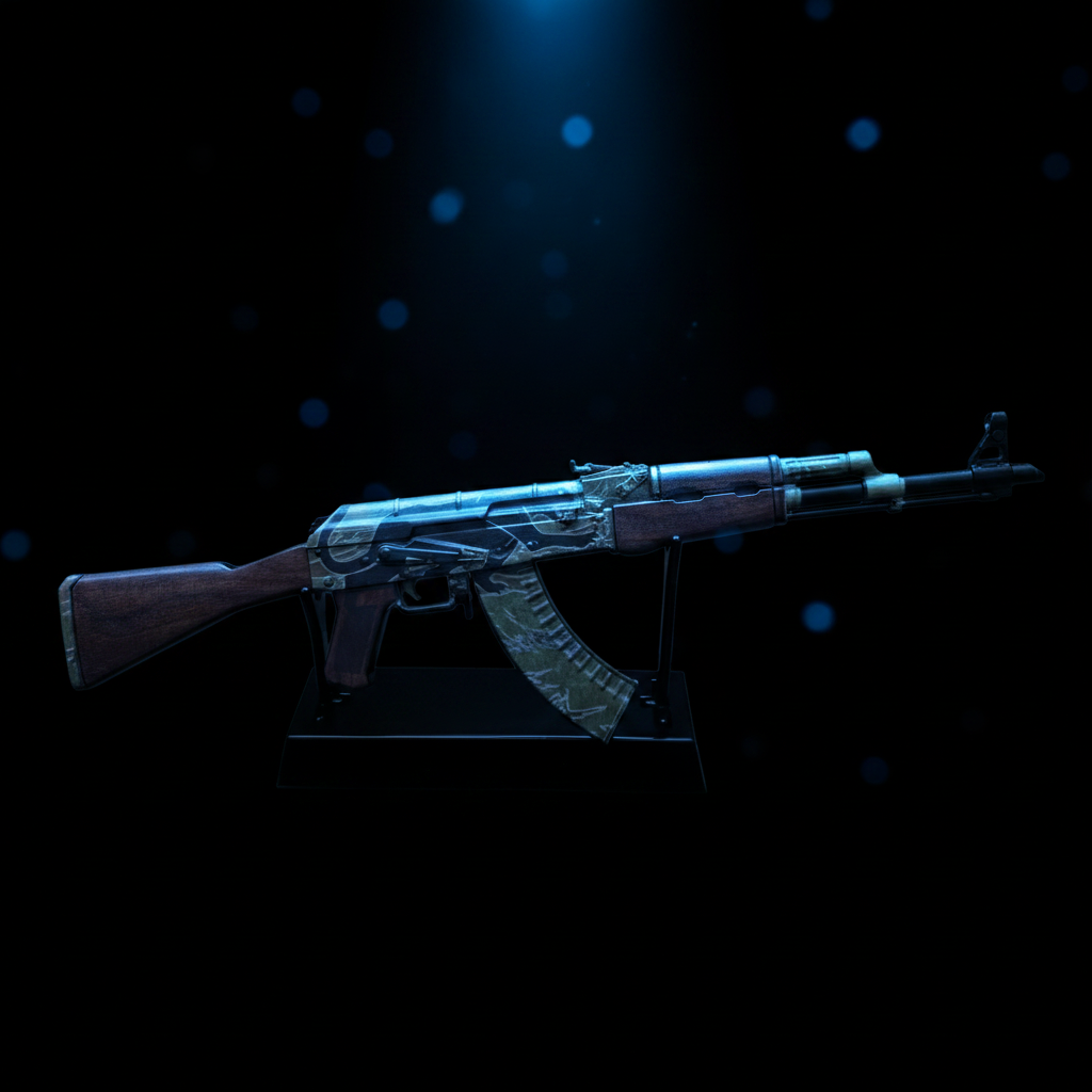 Angled close-up of CS2 AK47 Jaguar mini replica showing camo-patterned body with blue neon glow effect on dark background